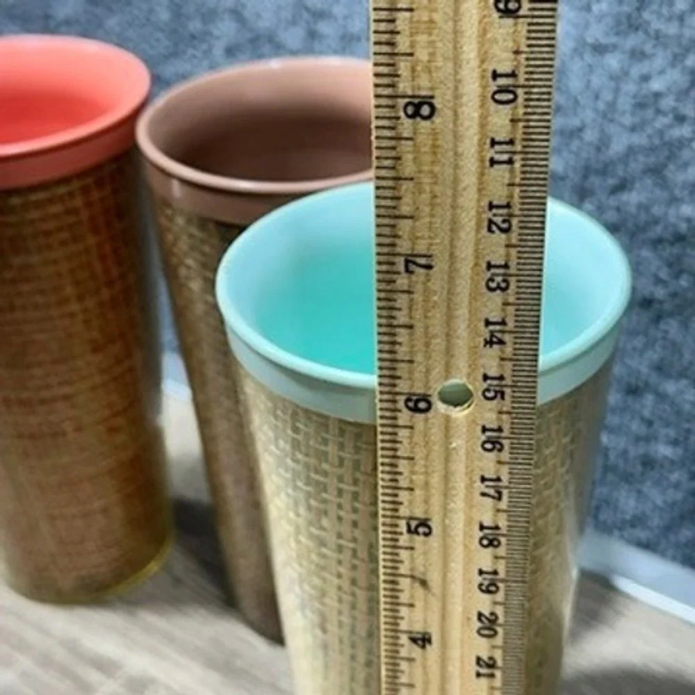 VTG MCM Raffiaware Thermo Tumblers Plastic Insulated Set of 3 Tiki Kitsch RARE